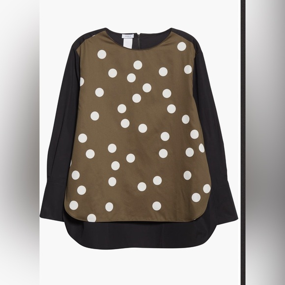 $595 Akris Punto Polka Dot Colorblock Cotton Blouse Top‎ Size Large (12)